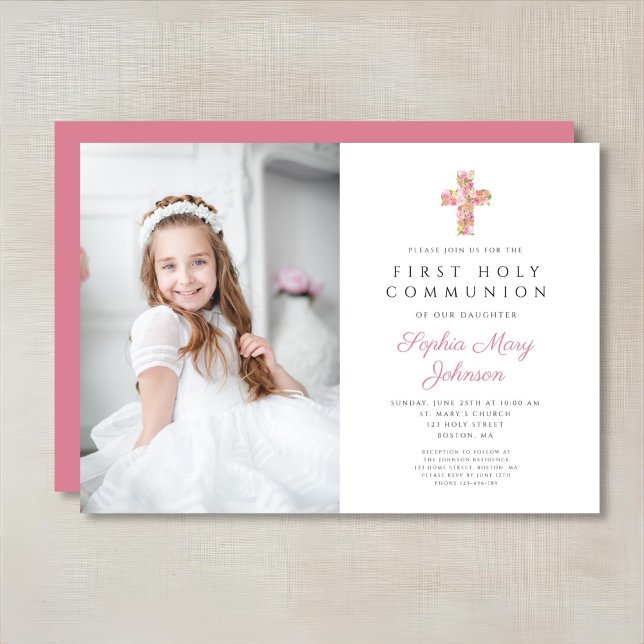 Convites Foto da Primeira Comunhão da Menina com Cruz Flora (Pink Floral Cross Girl First Communion Photo Invitation)