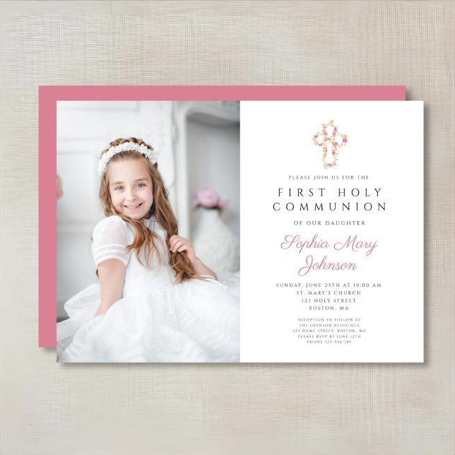 Convites Foto da Primeira Comunhão de Menina Floral Rosa (Pink Floral Cross Girl First Communion Photo Invitation)