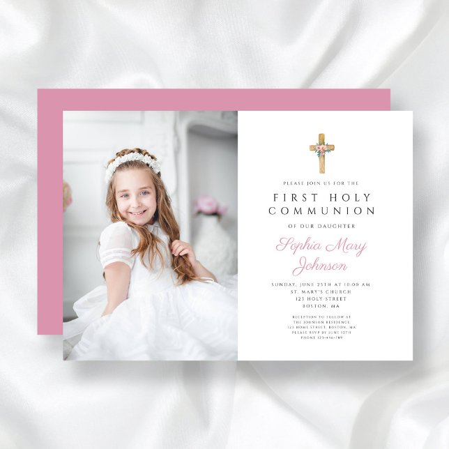Convites Foto da Primeira Comunhão de Menina Floral Rosa (Pink Floral Cross Girl First Communion Photo Invitation)