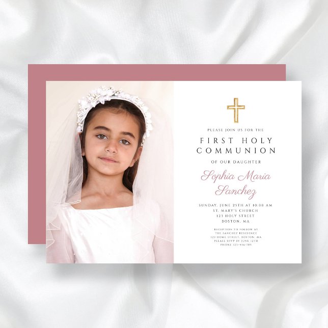 Convites Foto da Primeira Comunhão de Menina Rosa Elegante (Elegant Pink Cross Girl First Communion Photo Invitation)