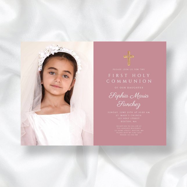 Convites Foto da Primeira Comunhão de Menina Rosa Elegante (Elegant Pink Cross Girl First Communion Photo Invitation)