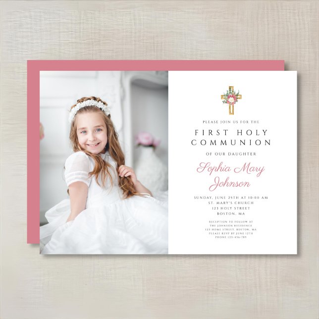 Convites Foto da Primeira Comunhão de Rapariga Floral Elega (Elegant Floral Cross Girl First Communion Photo Invitation)