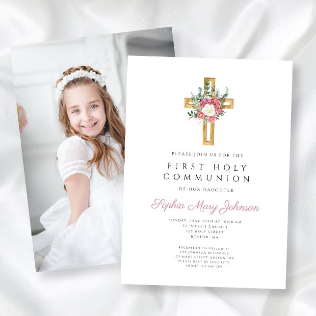 Convites Foto da Primeira Comunhão de Rapariga Floral Elega (Elegant Floral Cross Girl First Communion Photo Invitation)