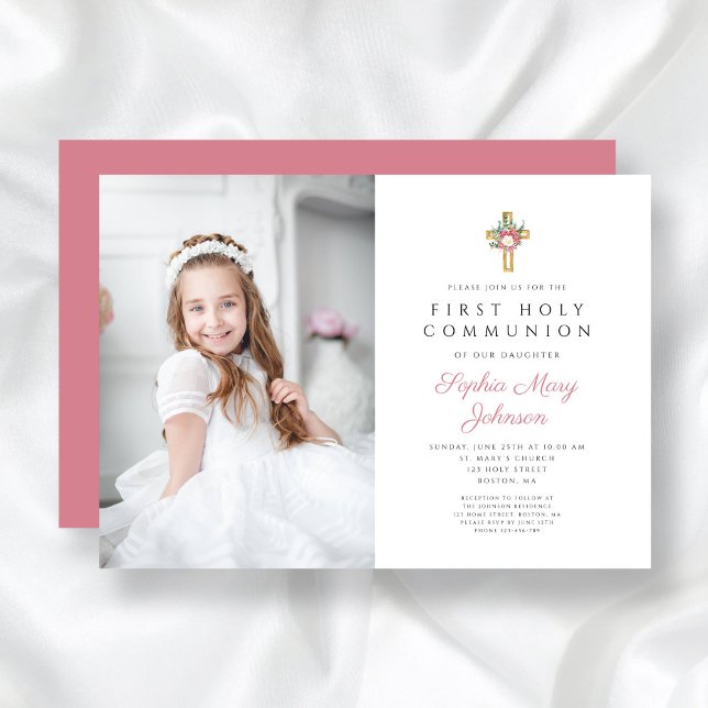 Convites Foto da Primeira Comunhão de Rapariga Floral Elega (Elegant Floral Cross Girl First Communion Photo Invitation)