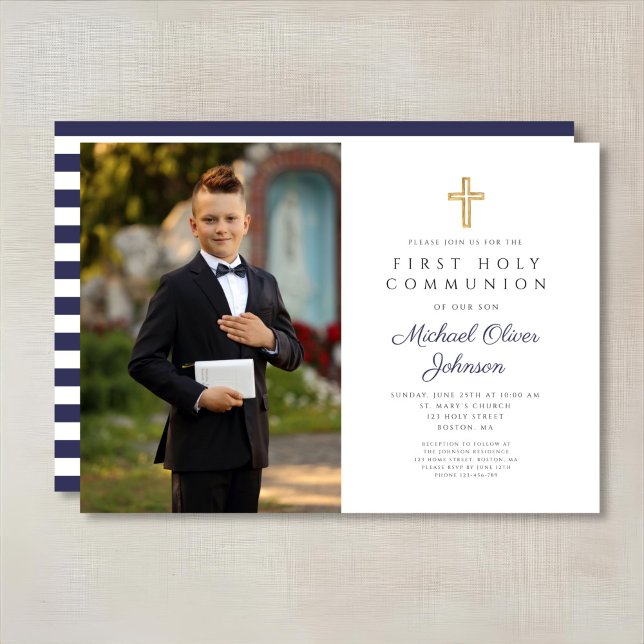 Convites Foto da Primeira Comunhão do marinho Blue Stripes  (Navy Blue Stripes Boy First Communion Photo Invitation)