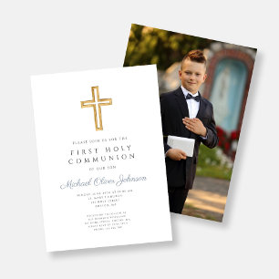 Convites Foto da Primeira Comunhão Dusty Blue Cross Boy