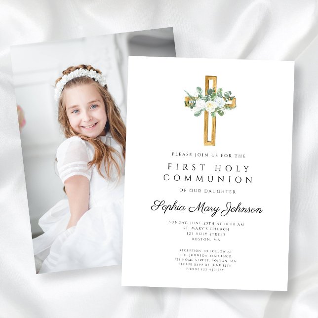 Convites Foto da Primeira Comunhão White Floral Cross Girl (White Floral Cross Girl First Communion Photo Invitation)