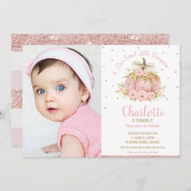 Convites Foto da primeiro aniversario Chic Pumpkin (Frente/Verso)