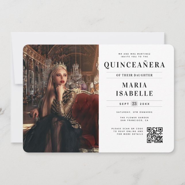 Convites Foto da Princesa Moderna Código QR Quinceañera (Frente)