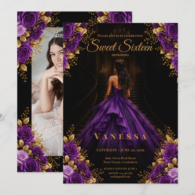 Convites Foto da princesa sweet 16 roxo dourado (Frente/Verso)