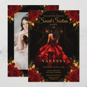 Convites Foto da Princesa Sweet 16 Vermelho Dourado