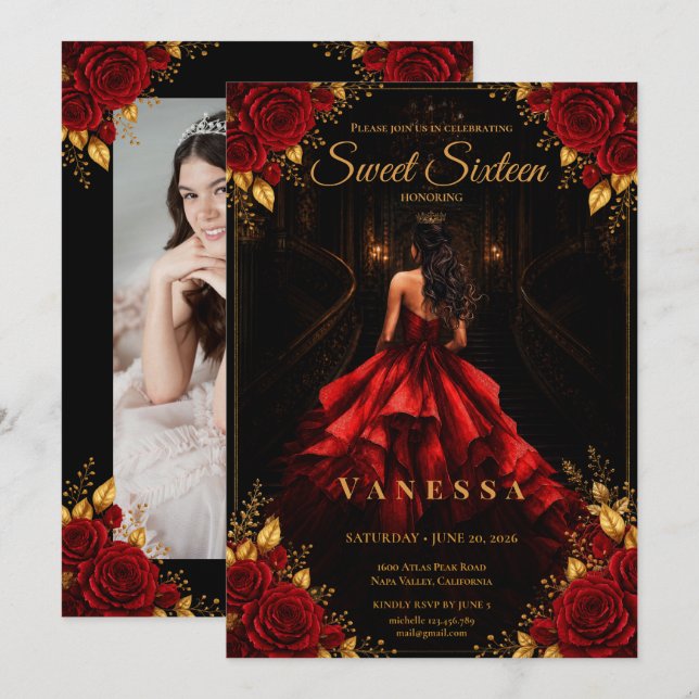 Convites Foto da Princesa Sweet 16 Vermelho Dourado (Frente/Verso)