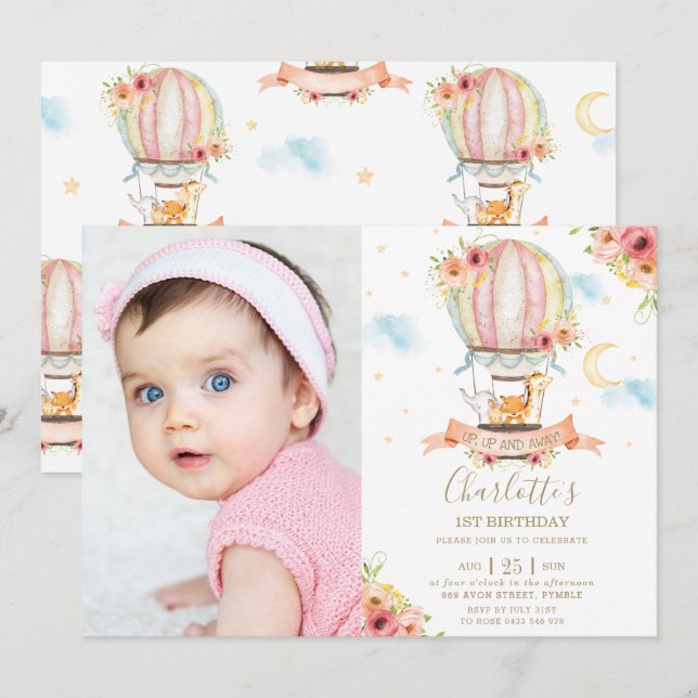 Convites Foto da selva de primeiro aniversario de balão de  (Frente/Verso)