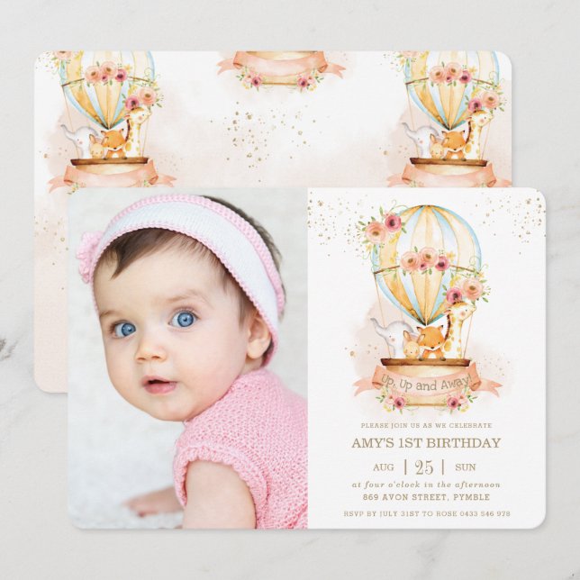 Convites Foto da selva de primeiro aniversario de balão de  (Frente/Verso)