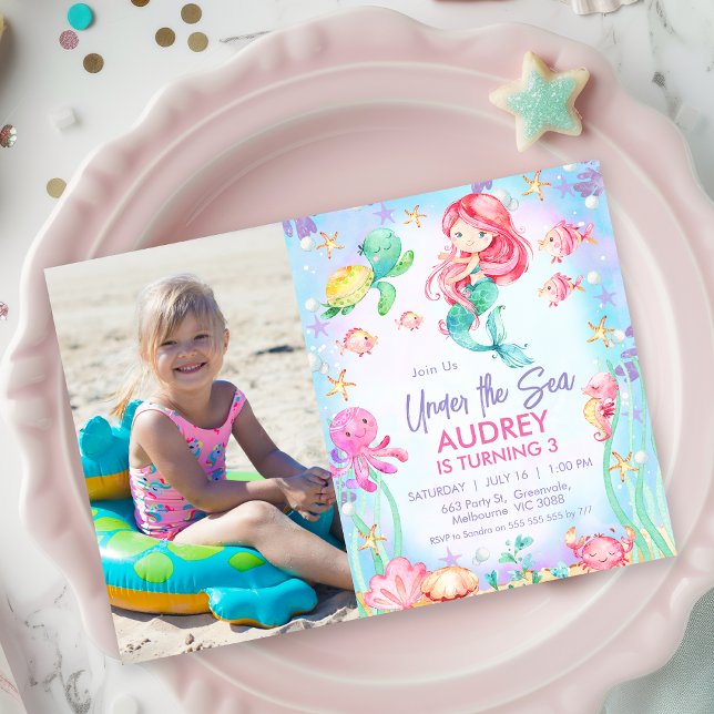Convites Foto da Sereia Vermelha sob o primeiro aniversario (Editable Under The Sea Birthday Invitation Template, Summer Ocean Themed Birthday Invitation Girl)