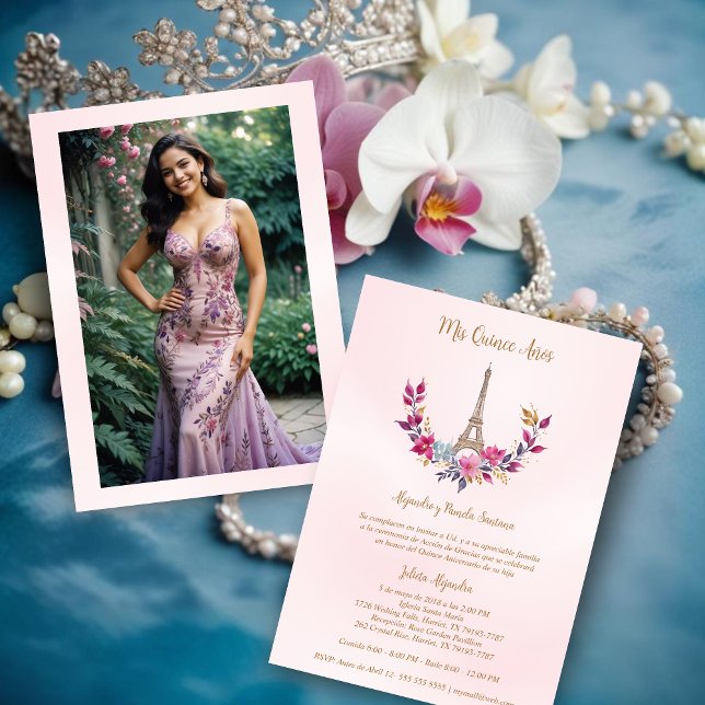 Convites Foto da Torre Eiffel de Príncipes Rosa-Rosa-Rosa-R (Cute Spanish Quinces Pink Garland with Eiffel Tower Photo Quinceañera Invitations.)