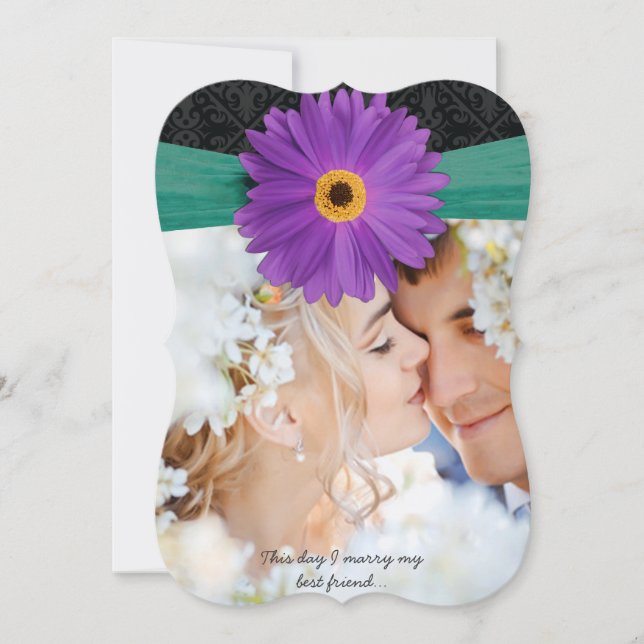 Convites Foto Damask Lilac Emerald Gerber Daisy Wedding (Frente)