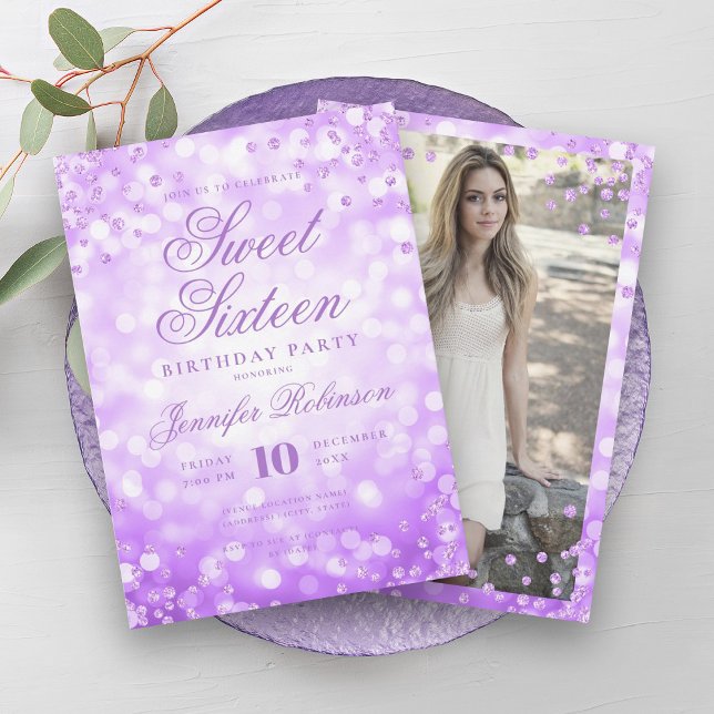 Convites Foto das Luzes de Glama Roxo Elegante Sweet 16 (Elegant Purple Glam Lights Photo Sweet 16 Invitation)