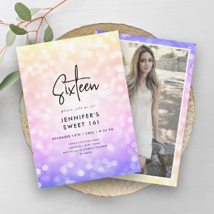 Convites Foto das Luzes de Ombre Moderno Rainbow Sweet 16