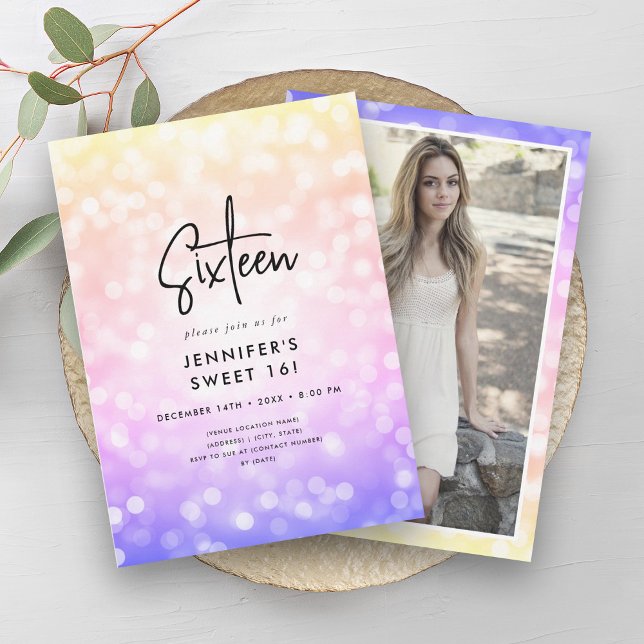 Convites Foto das Luzes de Ombre Moderno Rainbow Sweet 16 (Modern Rainbow Ombre Lights Photo Sweet 16 Invitation)