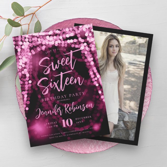 Convites Foto das luzes de sequência Dourada Elegante Rosa  (Elegant Rose Gold String Lights Photo Sweet 16 Invitation)