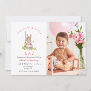 Convites Foto de 1º aniversário de Bebê Menina Coelho Fofo