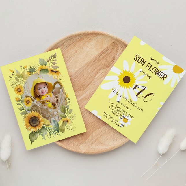 Convites Foto de 1º Aniversário Flor do Sol Rosa Bege (Criador carregado)