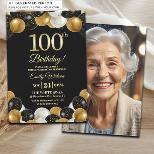 Convites Foto de 100º Aniversário com Brilho Dourado Preto