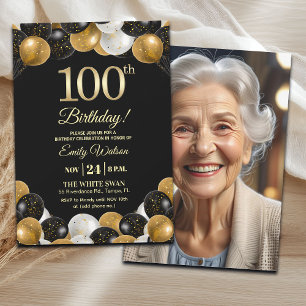 Convites Foto de 100º Aniversário com Brilho Dourado Preto 