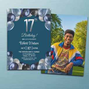 Convites Foto de 17º Aniversário com Brilho Azul Elegante P