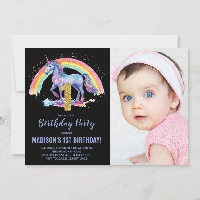 Convites Foto de 1rua Rainbow Unicorn Birthday (Frente)