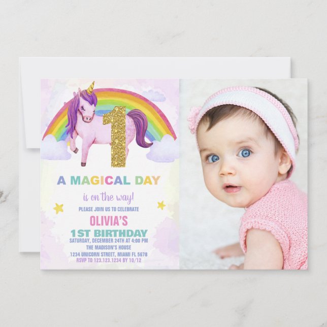 Convites Foto de 1rua Rainbow Unicorn Birthday (Frente)