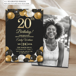 Convites Foto de 20º Aniversário com Brilho Preto e Dourado