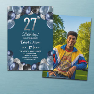 Convites Foto de 27º Aniversário com Brilho Azul Elegante P