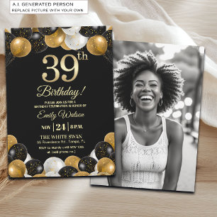 Convites Foto de 39º Aniversário Elegante Preto Dourado Bri