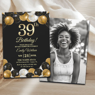 Convites Foto de 39º Aniversário Elegante Preto Dourado Bri