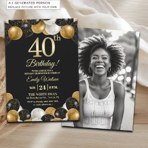 Convites Foto de 40º Aniversário com Brilho Preto e Dourado