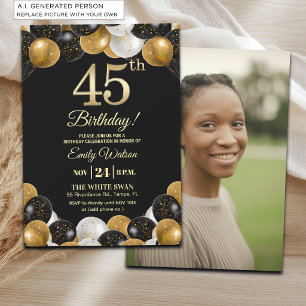Convites Foto de 45º Aniversário com Brilho Preto e Dourado