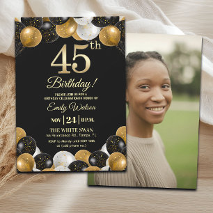 Convites Foto de 45º Aniversário com Brilho Preto e Dourado
