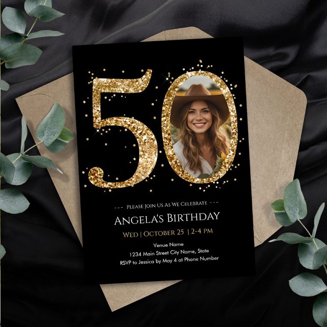 Convites Foto de 50º Aniversário com Brilho Dourado (Criador carregado)
