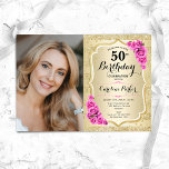 Convites Foto de 50º aniversário da Elegante Dourada Rosas<br><div class="desc">Elegante convite floral feminino para o 50º aniversário com sua foto. Design de vidro com ouro brilhante falso. Apresenta faixas, rosas cor-de-rosa, fontes de script e confetti. Perfeito para uma festa de comemoração de na moda adulto. Personalize com seus próprios detalhes. Pode ser personalizado para qualquer idade! Impressos convites Zazzle...</div>