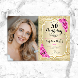 Convites Foto de 50º aniversário da Elegante Dourada Rosas 