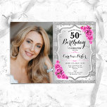 Convites Foto de 50º aniversário da Elegante Silver Pink Ro<br><div class="desc">Elegante convite floral feminino para o 50º aniversário com sua foto. Design com falso brilho de prata. Apresenta faixas, rosas cor-de-rosa, fontes de script e confetti. Perfeito para uma festa de comemoração de na moda adulto. Personalize com seus próprios detalhes. Pode ser personalizado para qualquer idade! Impressos convites Zazzle ou...</div>