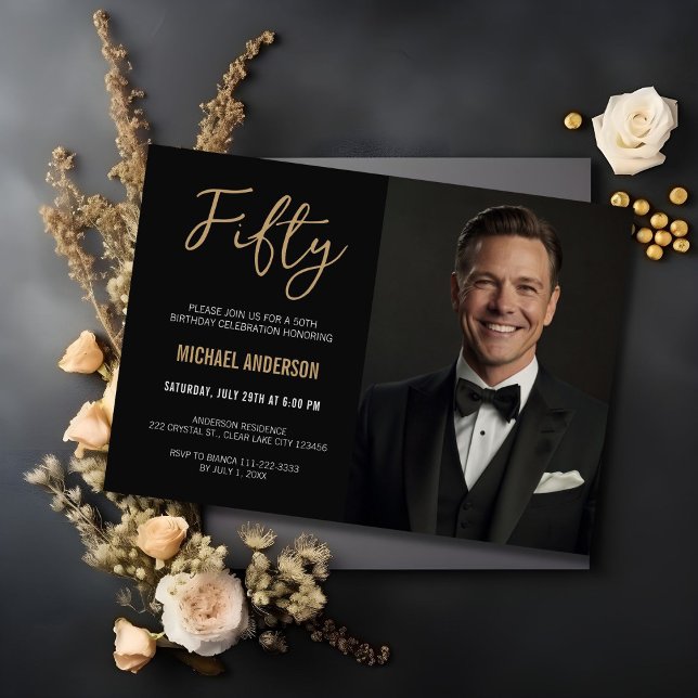 Convites Foto de 50º aniversário do Moderno Black Dourado A (Criador carregado)