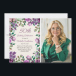 Convites Foto de 50º aniversário do Purple Mint Green Flora<br><div class="desc">Celebre este marco ouro com um belo convite fotográfico de 50 anos. Cercado por um quadro de rosas de aquarela, lilases e verde em tons roxos e verdes, o design destaca elegantemente os detalhes do partido ao lado de uma foto personalizada do convidado de honra. Perfeito para honrar o marco...</div>