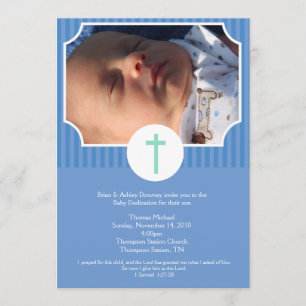 Convites Foto de 5 x 7 Blue Stripe Baptism Baby Dedication