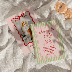 Convites Foto de 60º aniversário de Stripes Vermelhas Rosa 