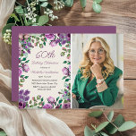 Convites Foto de 60º aniversário do Purple Mint Green Flora<br><div class="desc">Celebre um belo marco com este elegante convite fotográfico de 60 anos. O design apresenta um quadro de rosas de aquarela, lilases e verde em tons de roxo e verde, aliado à tipografia de na moda para os detalhes da festa. Uma foto personalizada do convidado de honra se senta ao...</div>