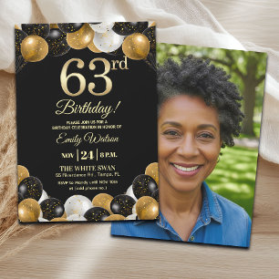 Convites Foto de 63º Aniversário com Brilho Preto e Dourado