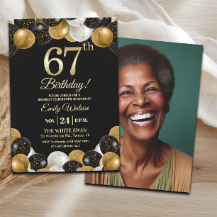Convites Foto de 67º Aniversário com Brilho Preto e Dourado